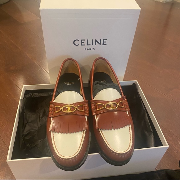 Celine Luco Polished Maillons Triomphe Moccasin Loafers Brown White - size 35.5 - Picture 5 of 13